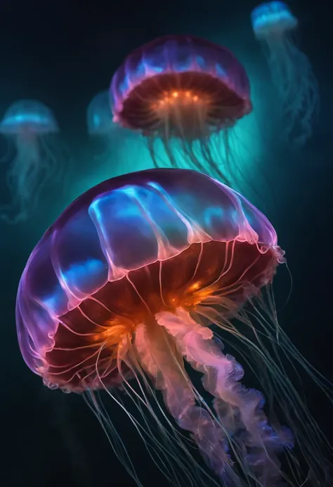 There are jellyfish floating, Medusa cyberpunk, neon jellyfish, jelly fish, Translucent bright jellyfish, Bright jellyfish, bioluminescent jellyfish, Jellyfish dance, jelly fish, jelly fish, transparent jellyfish, space jellyfish, Elements of jellyfish, je...