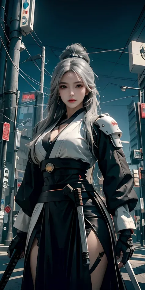 photorealistic, high resolution, soft light,1women, solo, hips up, (detailed face), grey long hair, cybersamurai, cyborg, cyberpunk,  cyber armor, holding weapon,glowing,on the street , kimono , sniper looking at the target, katana