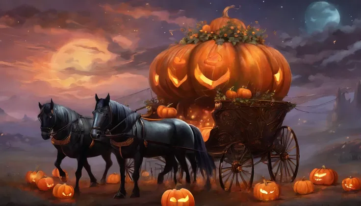 magical carriage made of pumpkins and black horses