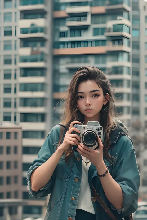 20-year-old girl, Hold the camera in both hands, Face the lens, High-rise buildings in the background.