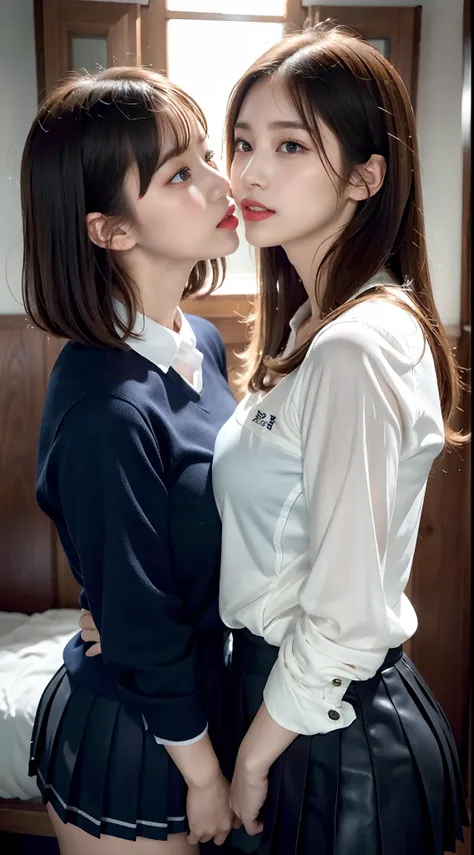 2girls、sprawl、Forceful kiss face to face、embracing each other、Opening Mouth、The tips of their tongues touch each other、Yogurt in the mouth overflows and drips from the mouth、Top image quality、Raw photography、超A high resolution、16-year-old woman、big round c...