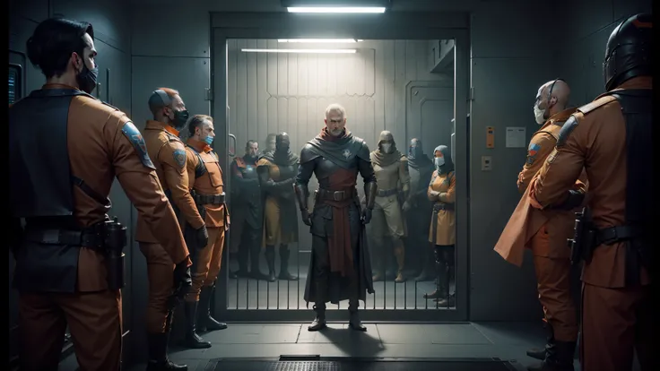 there are many people in orange uniforms standing in a jail cell, screenshot from morbius (2022), film still from movie dune-2021, promotional images, scene from dune 2 0 2 1 movie, still from marvel movie, baraka, from netflixs arcane, still from movie du...