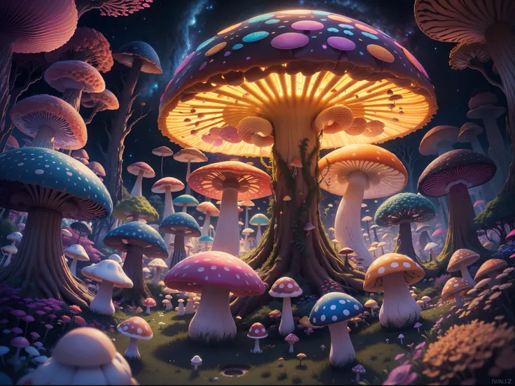 8K , A lot of detail , ultra-realistic realism , Deviant-art , O spirit , Almond bread fractal , Dense and colorful mushroom forest , Lots of mushroom spirit , Unknown planet , alien worlds , Lots of stars at night , Many bright colors , Bold colors , neon...