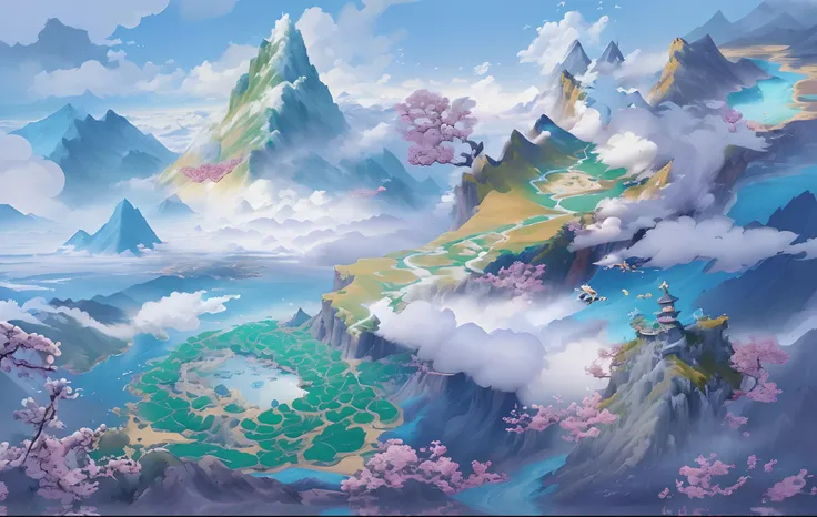 Look down from the sky，Above the sky，Birds eye view，Sea of Clouds，Mountains shine between large clouds，Summer background，Mountains and rivers，enchanting scenery，Ancient Chinese immortal cultivation background，style of anime，Stylized art，45 degree viewing a...