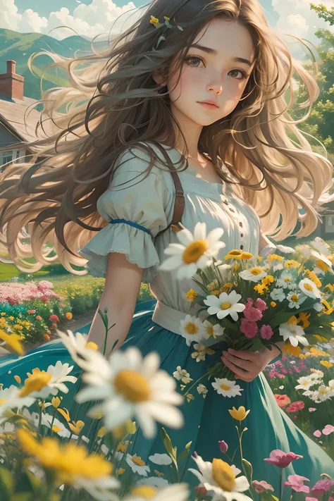 15-year-old girl, In a sea of flowers, Long hair flying,  Face the lens, Country cottage in the background.