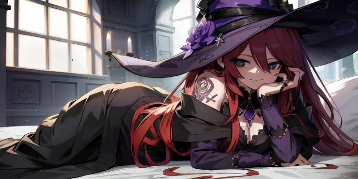 Anime girl in a witch hat lying on a bed, tatuagem no ombro, olhos roxos, sorriso lascivo,  Anime Art Wallpaper 8K, Melhor Anime 4K Konachan Wallpaper, 8k arte detalhada de alta qualidade, Papel de parede anime 4k, Anime Art Wallpaper 4K, Anime Art Wallpap...