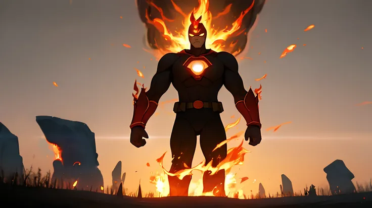 Create a scene where the superhero boy stands tall amidst a surreal dreamscape, protecting it from the dangers lurking within, with his flaming powers serving as a beacon of hope and safety.