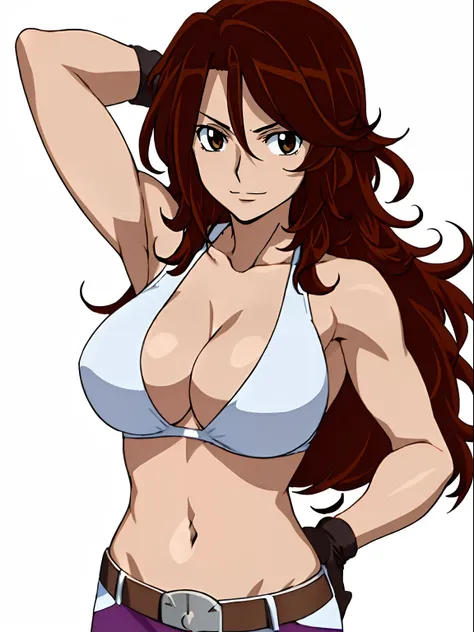 Flexing arm muscles, Karate stance, ((solo)), Best Quality, hires, curvy midsection, (tilt head, defined weak muscles, detailed muscles), smile, happy), upper body only, anime style: 1.8, anime drawing, ultra detailed face, ultra detailed body, 4k, Sumerga...