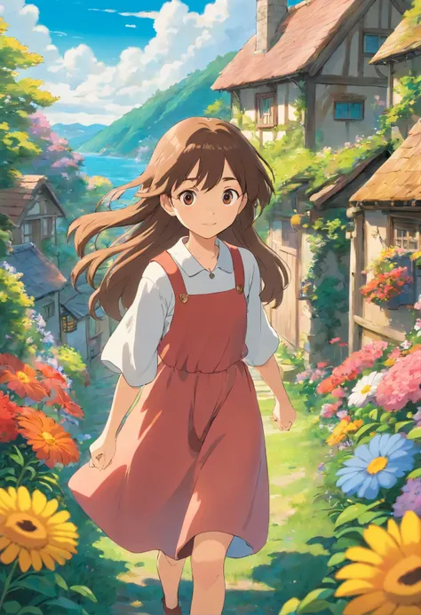 15-year-old girl, In a sea of flowers, Long hair flying, Face the lens, Country cottage in the background.