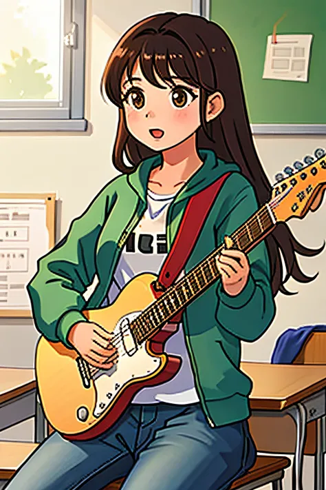 a girl of 18 y.o playing guitar in the class