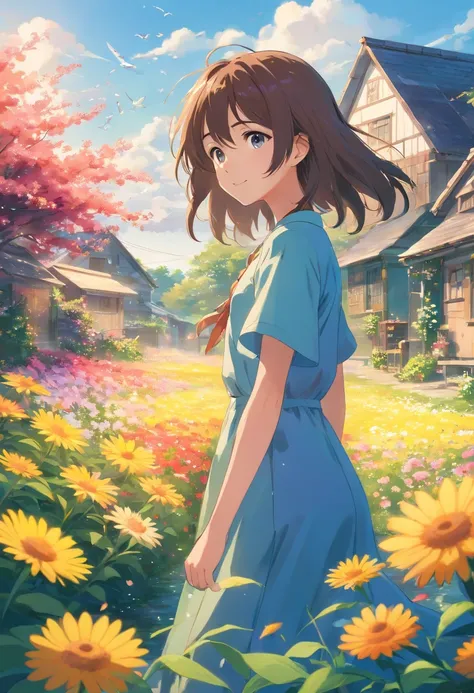 15-year-old girl, In a sea of flowers, Long hair flying, Face the lens, Country cottage in the background.