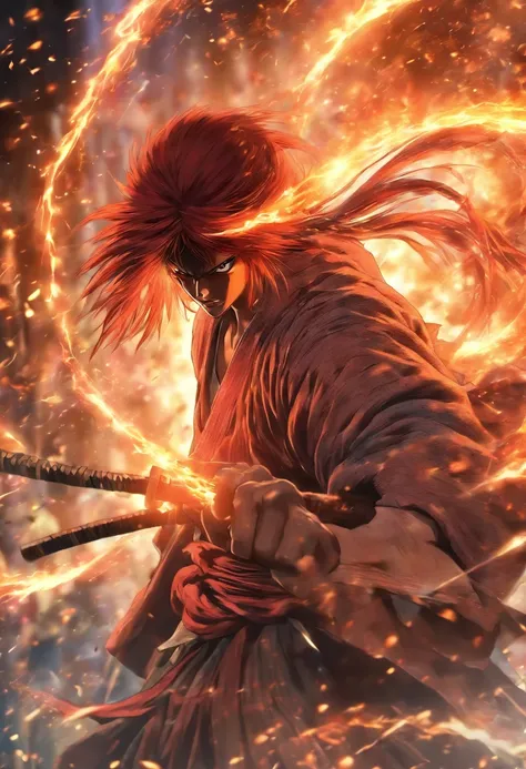 Rurouni Kenshin Attack his enemy  (in a Firestorm with lighting thunder vfx around), masterpiece, best quality, ultra quality, absurd details, best light, best shadow, sharp, sharp picture, detailed face, detailed eyes, detailed hair, detailed, extremely d...