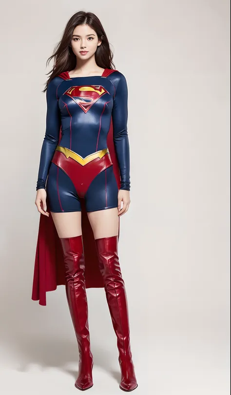 (((Wear black tights on your beautiful legs.)))、(((Grow legs、tall、beauty legs)))、(((facial expression of smile)))、((((Make the most of the original image)))、(((Supergirl Costume)))、(((beautiful hairl)))、(((Suffering)))、(((Feet must necessarily be worn with...