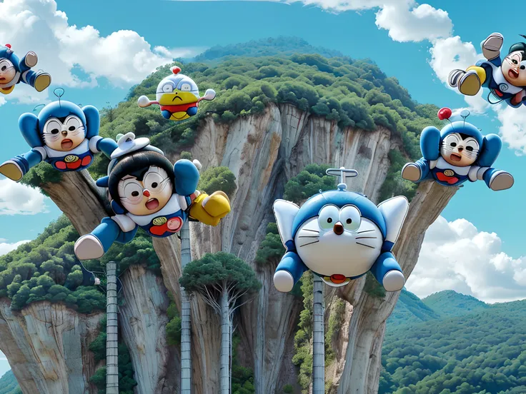 Doraemon y sus amigos,burguer, detailed mountain,trees