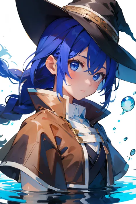 ((masterpiece,best quality)), 
roxy migurdia, 1girl, bangs, black headwear, witch hat, blue eyes, blue hair, braid, brown cape, floating hair, hair between eyes, looking at viewer, portrait, water drop, magic