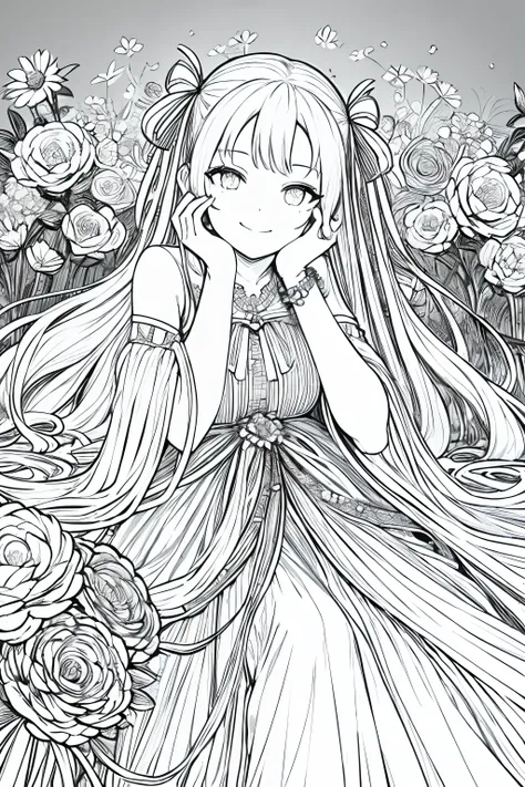 masterpiece, best quality, 1girl, solo, long_hair, looking_at_viewer, smile, dress, ribbon, jewelry, very_long_hair, hair_ribbon, flower, bracelet, two_side_up, hand_on_own_face, head_rest, hand_on_own_cheek, lineart, monochrome,