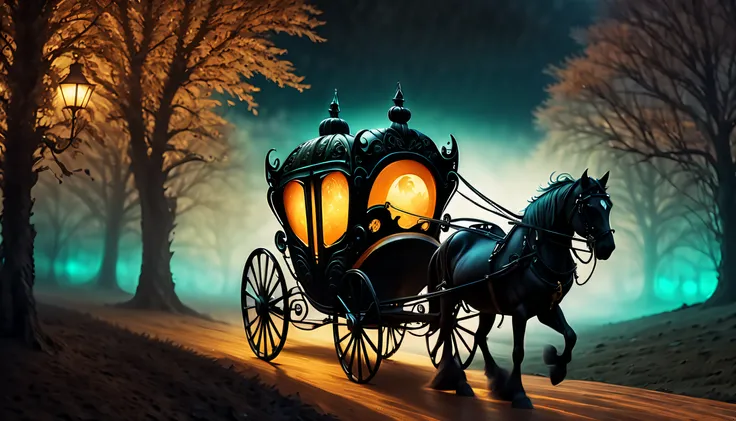 (((Imagine a visually striking stunning illustration of a Pumpkin Carriage with Nightmare horse covered in nightmare mist:1.3))), (inside sit gray wolf:1.1), tree lamp, Halloween ghost, good-look witch inside sit, dark fantasy, (surreal whimsical effect:1....