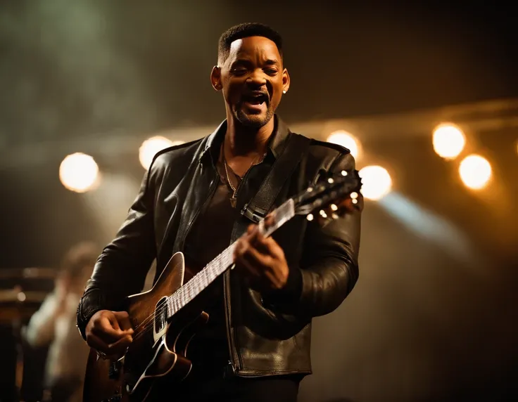 Imagine Fotografia do will smith tocando guitarra em um show de rock com jaqueta de couro, show de rock,