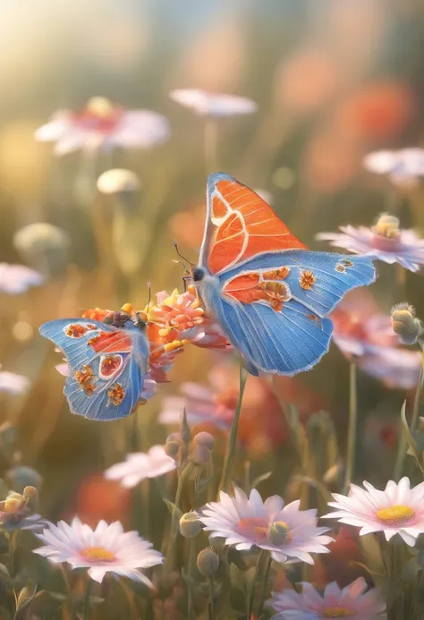 a butterfly, field flowers bouquet, dewdrops on the flowers