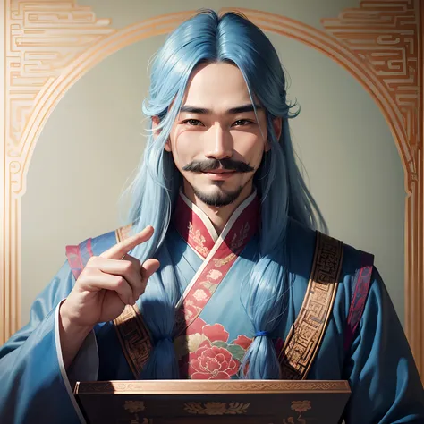 Wallpaper in a palace, a 30-year-old man, named Wang, narrow eyes, mustache, long blue hair, thin lips, wearing blue chinese antique clothes, Smiling face