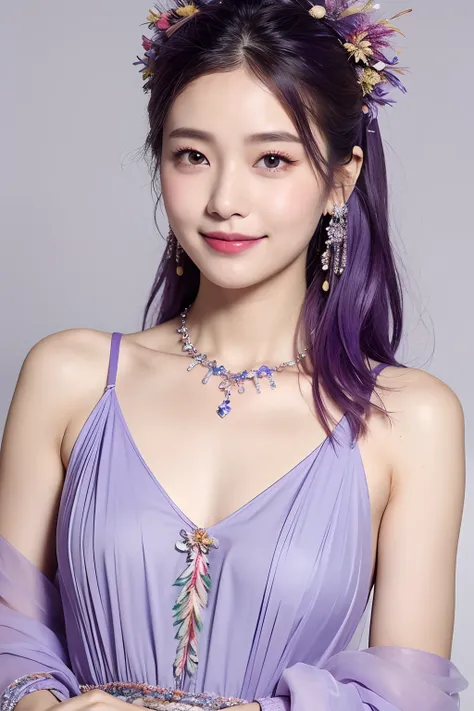 (extra detailed body、extra detailed face、best qualtiy:1.2)、femele、looking at the viewers、Lavender ash hair color、Floral hair ornament、a smile、Earrings of bird feathers up to the shoulders、a necklace、Purple and red and blue fancy clothes)、