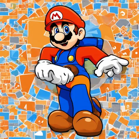 mario, wearing an orange apron with a white logo on the apron, orange apron has a white square with the letter H in it, orange overalls instead of marios bluejeans. Red mario hat replaced with Orange Mario hat, Mario is holding a drill, a red Milwaukee dri...