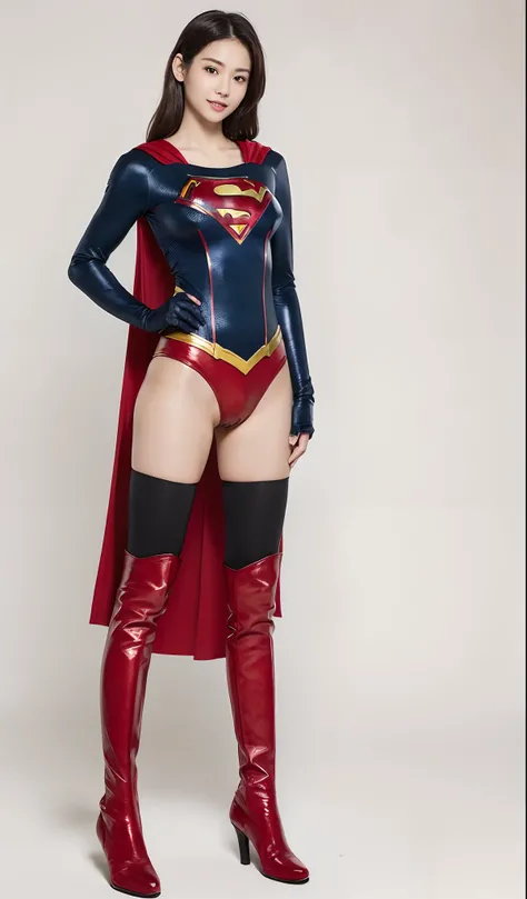 (((Wear black tights on your beautiful legs.)))、(((Grow legs、tall、beauty legs)))、(((facial expression of smile)))、((((Make the most of the original image)))、(((Supergirl Costume)))、(((beautiful hairl)))、(((Suffering)))、(((Feet must necessarily be worn with...