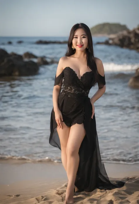 Asian girl，a picture，beachside，with a good figure，Large breasts，big assa，black lence stockings，Delicatemakeup，Long straight black hair，Friendly smile，long and flowing hair，Relaxed，Realiy，detail in face，relaxed，vacation，swim wears，;arge breast