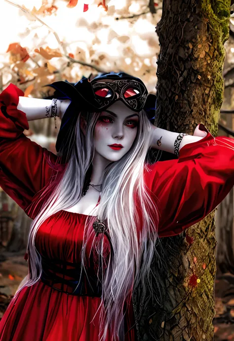 arafed blood dripping from eyes 👀 woman in a white dress posing next to a tree, horrifying  witch with long hair, white skin, blood dripping from eyes, scars, horns, evil 👿 wearing dark victorian goggles, wearing victorian dark goggles, as a medieval fanta...