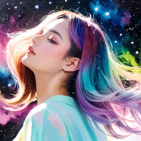 (best quality,4k,8k,highres,masterpiece:1.2),ultra-detailed,(realistic,photorealistic,photo-realistic:1.37),pastel palette silhouette, colorful hair, color portrait, galaxy painting effect, colorful illustration, profile painting of a woman, side view - pr...