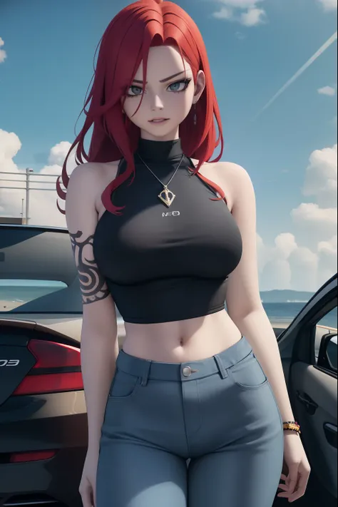 Theres a woman with red hair and a black top next to a car, tattoo on arm right, arte de anime realista, estilo anime. 8k, estilo anime 4K, estilo realismo anime, estilo de arte realista, realistic anime art style, Estilo anime 3D realista, estilo anime se...