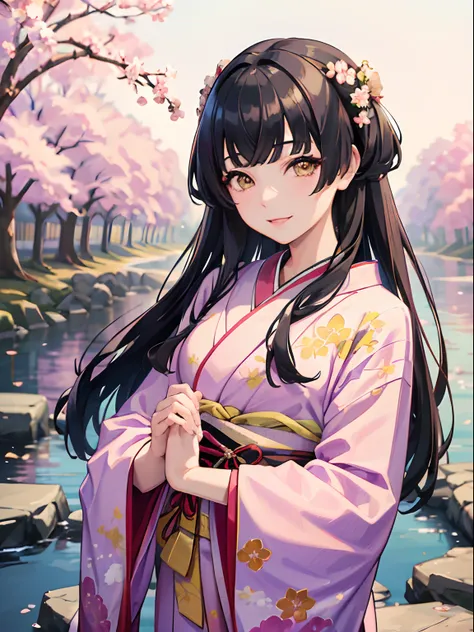 masterpiece, best quality, nsfw, 1girl, black hair, ,yellow eyes, kimono, cherry blossom trees, matsuri, smiling, detailed eyes,...