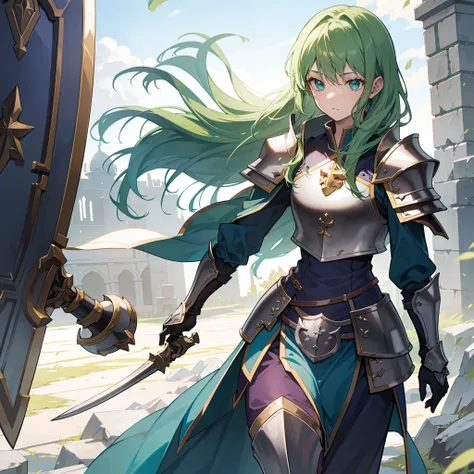 1 girl, dungeons and dragons, cleric, small breast, green hair, long hair, square hair, detailed heavy armor, detailed armor, weilding an elegant shield holy symbol of a mace