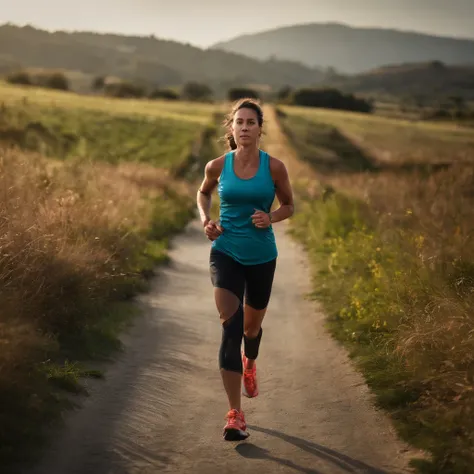 masutepiece, sophisticated details, Best Quality, 4K, 超A high resolution,  High resolution, Ultra HD, runner, Female, jogger, walker, Morning jogging, Red Running Shoes, singlet, leggins, hair blowing in wind, Sweating