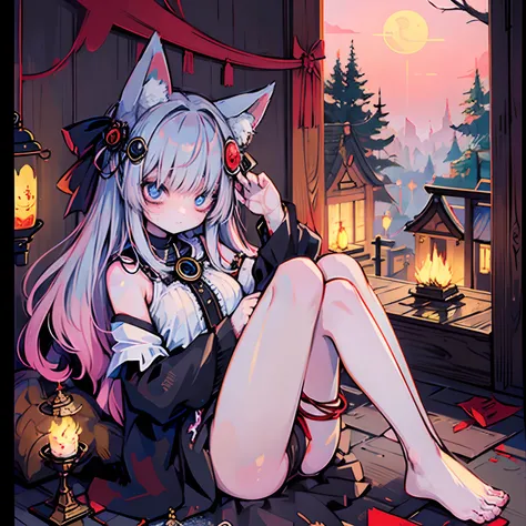 ​masterpiece、Priestess girl personified by a fox、Fox ears and tail and paws、Bewitching atmosphere、shrines、psychedelic、