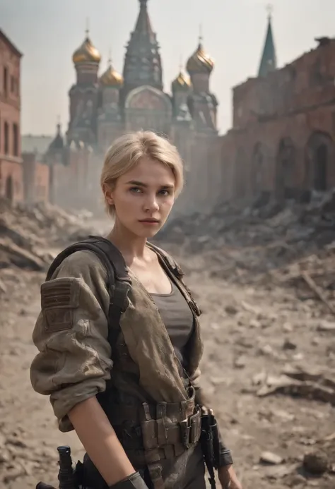 Russian girl 16 years old ,Blonde Dirty Short Hair, dusty face, Dressed in the armor of the future, Against the backdrop of a desolate post-apocalypse, Ruined Moscow, Ruins of the Kremlin, AR-16 rifle in hand, the wind, dust, Destroyed buildings, Skeletons...