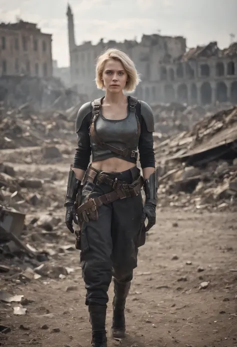 Russian girl 16 years old ,Blonde Dirty Short Hair, dusty face, Dressed in the armor of the future, Against the backdrop of a desolate post-apocalypse, Ruined Moscow, Ruins of the Kremlin, AR-16 rifle in hand, the wind, dust, Destroyed buildings, Skeletons...