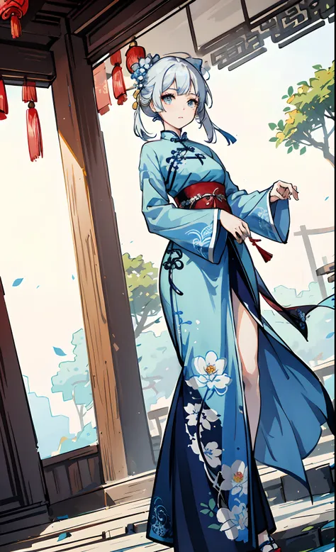 animesque,femele,Blue-white hair,qipao dress,florals,Ancient Chinese style architecture