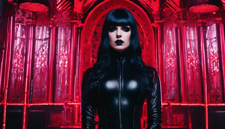 Beautiful woman dressed in latex leotard posing for a photo in red room, red neon lights, darksynth aesthetic, gothic fashion, goth girl, goth aesthetic, goth make-up, ultra detailed.