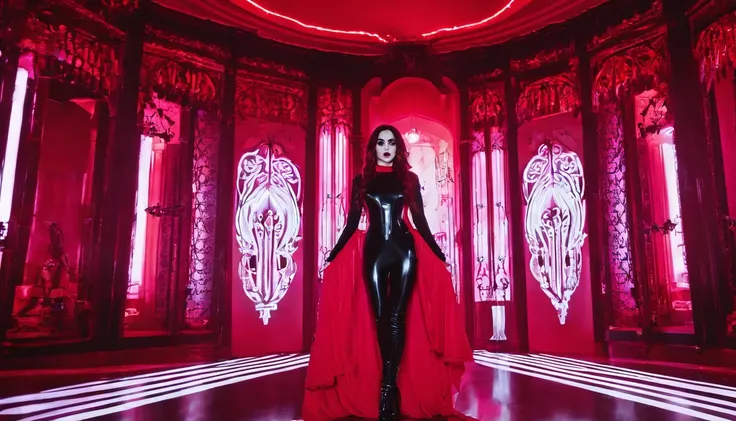 Beautiful woman dressed in latex leotard posing for a photo in red room, red neon lights, darksynth aesthetic, gothic fashion, goth girl, goth aesthetic, goth make-up, ultra detailed.