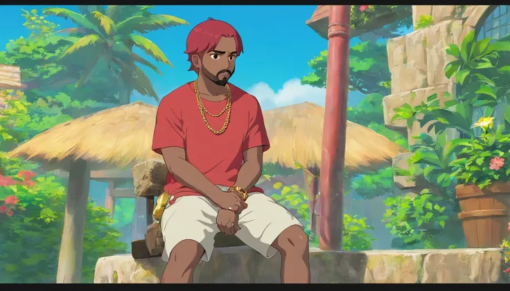 Kanye West with his arms crossed, not shirt, Tatuado, Gold chain around his hip hop style neck, red hair, Sobrancelhas vermelhas, cavanhaque vermelho, GTAV Estilo dos desenhos animados, com fundo vermelho, com raios azuis, estilo dos desenhos animados, foc...