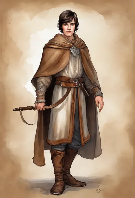 comic style, Taupe Brown theme, A boy 14 years old, Medieval European aristocracy, Short wavy black hair parted in the middle, Full body, Leather Breast Plate, Sorcerers robe, Leather shoes, White wall background, Equipped with a very large cane, artistic ...