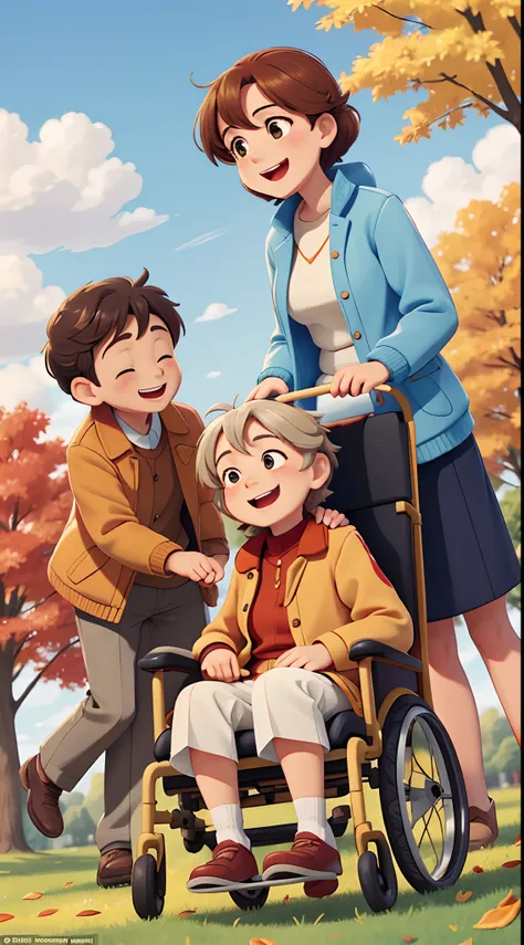 Overcome with love:Autumn golden leaves in the park，with blue sky and white clouds，On the grass，3 people，An elderly grandmother in a wheelchair has a blanket over her knees，A middle-aged woman rubs her grandmothers shoulder，A 6-year-old boy jumps happily，H...