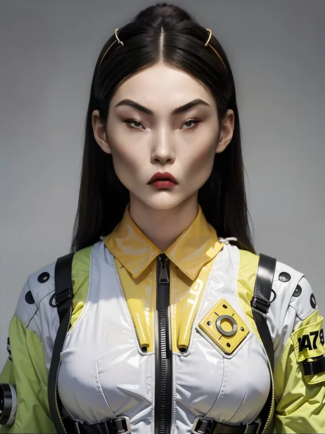 1 18-year-old beautiful woman，Wearing a fluorescent yellow and white PVC mech，bulletproof vest，little breast，cyber punk perssonage，greybackground