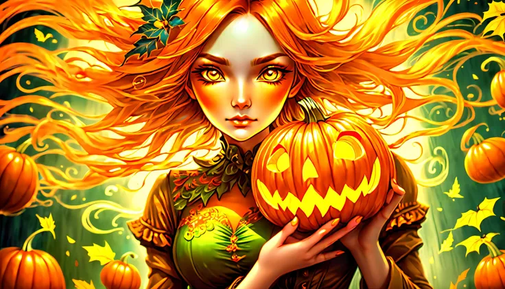 (((fleeting and pretty girl who seems to disappear and fantasy pumpkin-cargo include all concept illustration:1.8))), (((blood i...