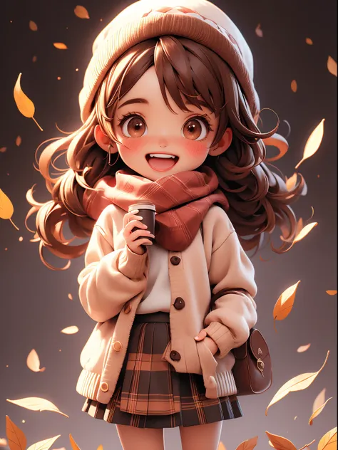 extremely detailed, intricate, masterpiece, absurdres,1girl, (:d:1.0) autumn leaves, chibi,bangs, black headwear, blurry background, blush, brown eyes, brown hair, brown scarf, brown skirt, cardigan, cowboy shot, disposable cup, falling leaves, beanie, hol...