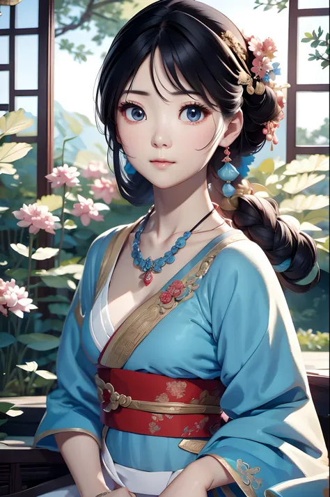 close-up of a woman wearing a necklace in a light blue dress, chinese style, chinese girl, beautiful character painting, guviz-s...