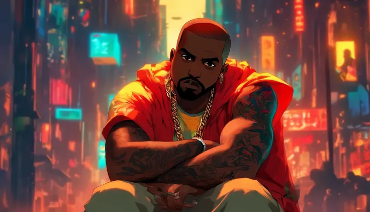 Kanye West with his arms crossed, not shirt, Tatuado,magro, Gold chain around his hip hop style neck, red hair, Sobrancelhas vermelhas, cavanhaque vermelho, GTAV Estilo dos desenhos animados, com fundo vermelho, com raios azuis, estilo dos desenhos animado...