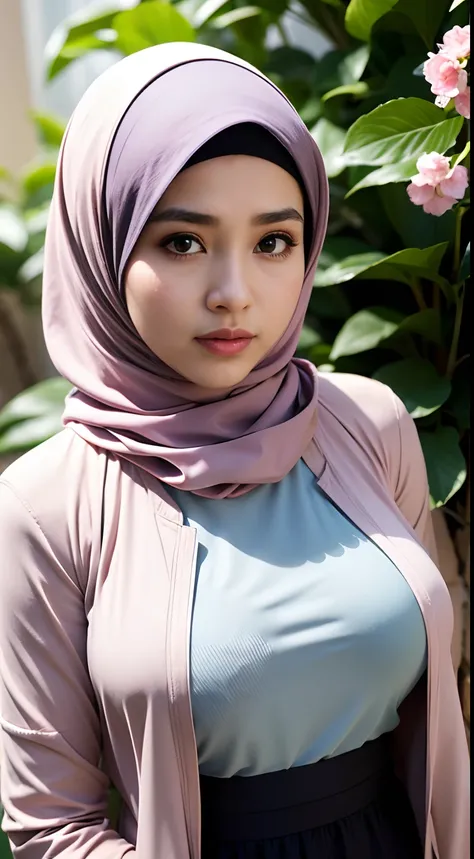 1 malay girl , modern plain hijab,  shy, medium portrait shot , watery  eyes ,lip watery, lip glossy, open mounth, ((big breast)), wear Half Button Rib Knit Tee with pastel color jacket and High Waist Plicated Detail Suit Pants, (big breast) , flower garde...