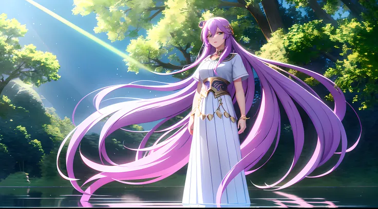 Athena with plain long light purple hair,hair between eyes,green eyes,rosy cheeks,full lips,thin eyebrows,slender body,school dress and long skirt,praying beads on neck,cute anime girl,full body,vibrant lake in background,anime style,Lumen Reflections,Scre...